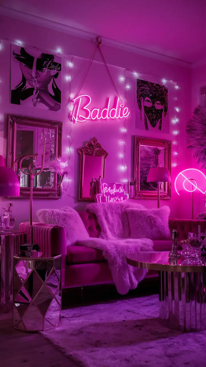A cinematic Baddie-inspired living room with a soft pink hue, featuring a pink velvet sofa with fluffy pillows and a faux fur throw, a neon sign reading "Baddie," vibrant fairy lights, fashionable prints, edgy artwork, a gold-framed mirror, and a neon pink lamp, creating a dynamic and glamorous atmosphere.