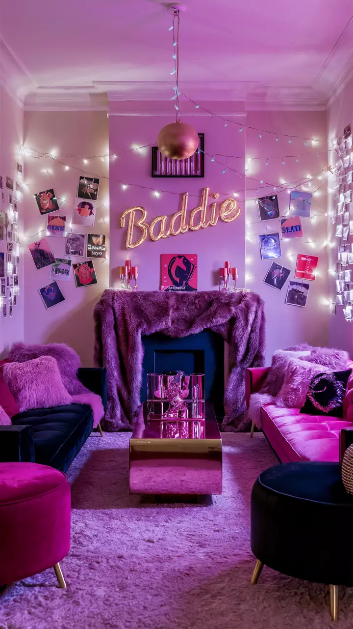 A trendy Baddie living room with fairy lights, posters, polaroid photographs, a metallic coffee table, plush velvet seating in pink and black, a gold neon sign reading "Baddie" above a fireplace framed with a faux fur throw, fluffy pillows, and stylish storage solutions, creating a bold and glamorous atmosphere.