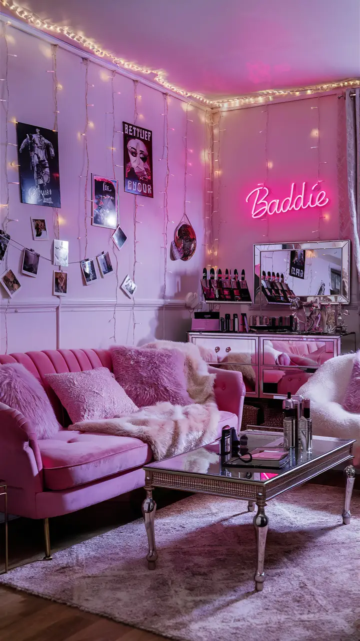 A chic Baddie living room with fairy lights, trendy posters, polaroid photos, a pink velvet sofa, metallic coffee table, mirrored sideboard, neon sign reading "Baddie," faux fur throws, fluffy pillows, and makeup items on display, embodying a vibrant and glamorous atmosphere.
