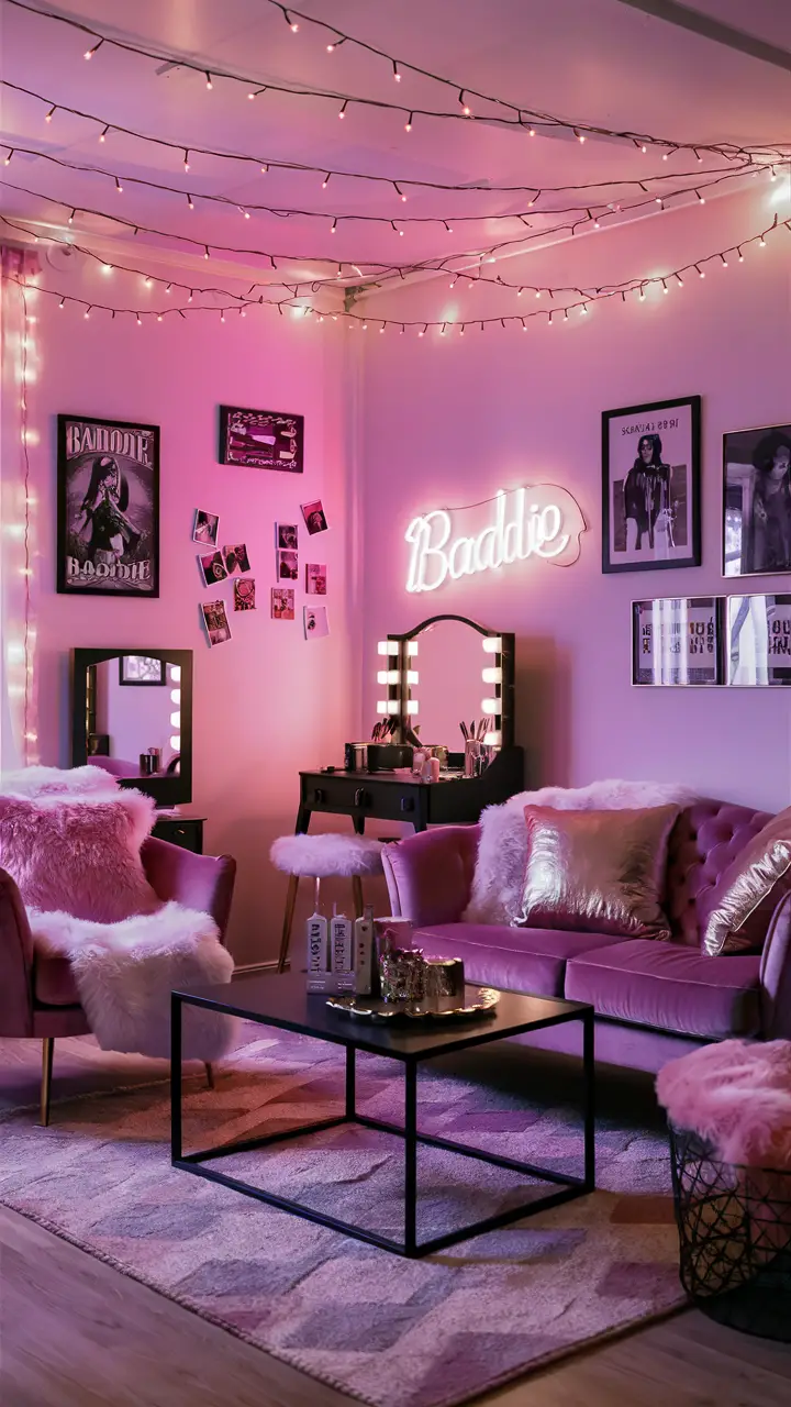 A chic Baddie living room with a pink velvet sofa, black coffee table, metallic gold accent pillows, fairy lights draping across the ceiling, stylish posters, framed polaroids, a neon sign reading "Baddie," faux fur throws, fluffy pillows, and a vanity table with a mirrored surface and makeup brushes, creating a glamorous and Instagram-worthy atmosphere.