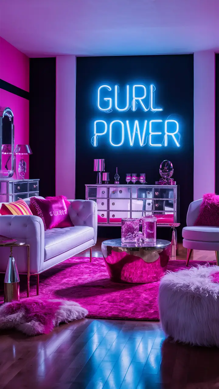 A stylish Baddie living room with a bold, vibrant color scheme, featuring a large neon sign spelling out 'Gurl Power' in electric blue, modern and sleek furniture, including a high-gloss white sofa with gold legs, a metallic silver coffee table, and an acrylic glass-topped side table, vibrant faux fur throws and pillows, a luxurious mirrored dresser, and trendy items like a fluffy rug and plush ottoman, creating a visually stunning and empowering ambiance.