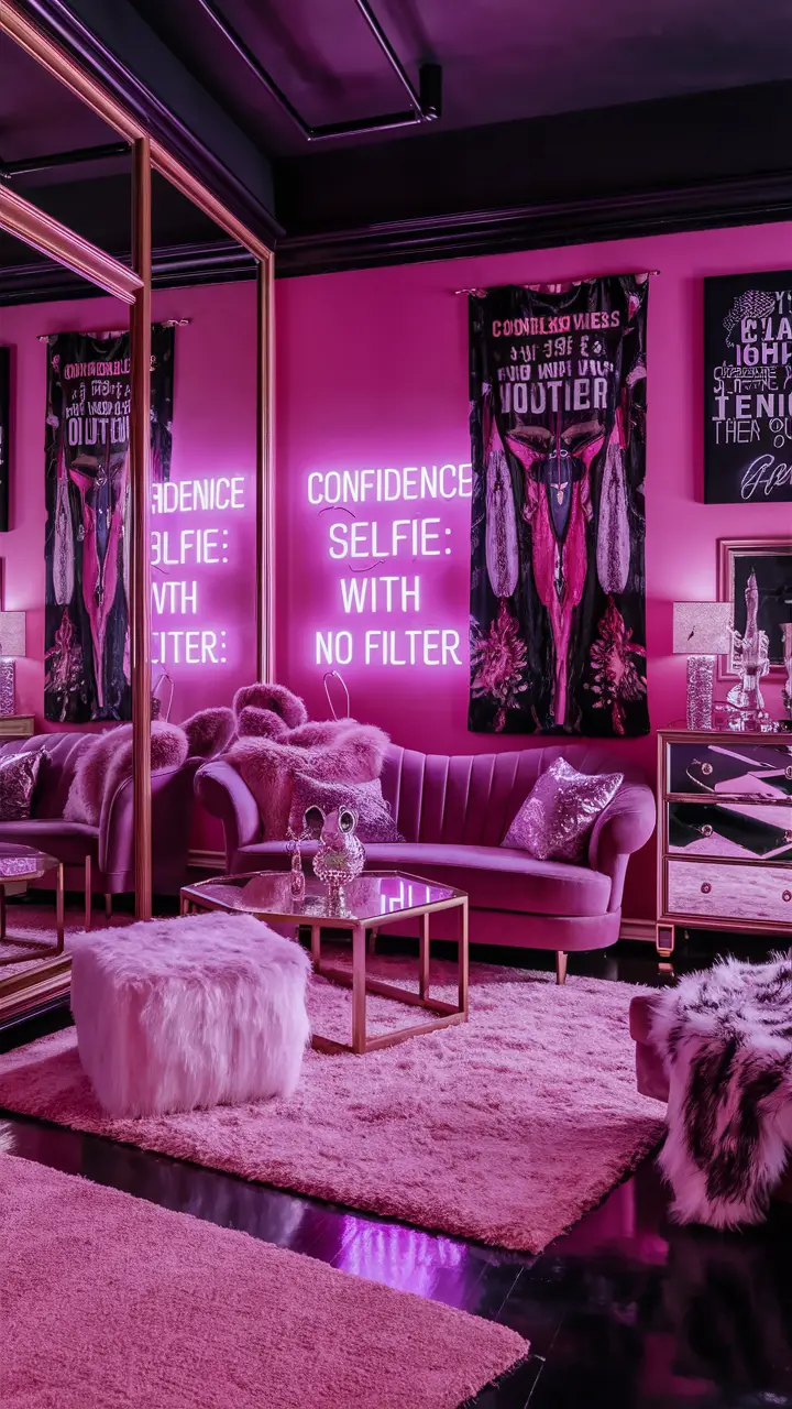 A stunning Baddie living room with hot pink walls, deep black accents, and metallic gold furniture, featuring a sleek modern sofa in front of a large mirror reflecting the room's ambiance, a neon sign reading "Confidence level: Selfie with no filter," trendy items like plush rugs and a fluffy ottoman, inspirational quotes and edgy artwork on the walls, a mirrored dresser, and faux fur throws, creating a visually stunning and empowering ambiance.