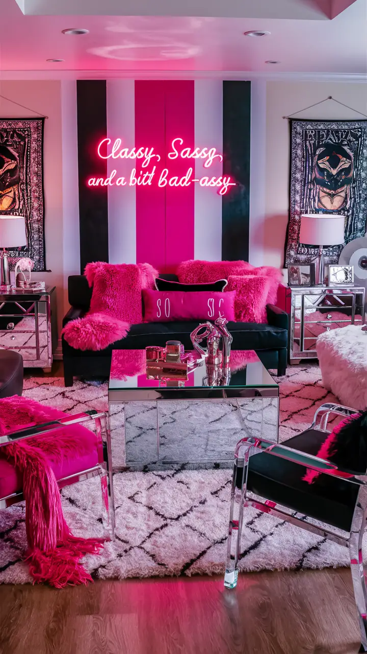 A vibrant Baddie living room with a neon sign reading "Classy, sassy, and a bit bad-assy," featuring a bold color scheme, modern furniture, mirrored pieces, vibrant faux fur throws and pillows, a fluffy rug, plush ottoman, trendy wall tapestries, and statement-making wall art, creating a stylish and empowering ambiance.