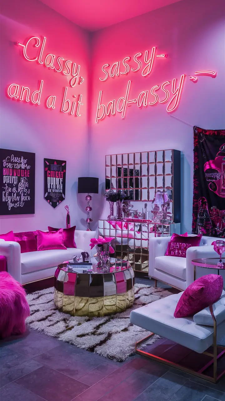 A daring and fashionable Baddie living room with a large neon sign reading "Classy, sassy, and a bit bad-assy," featuring a vibrant color scheme, modern furniture, faux fur throws and pillows, a plush rug, a fashionable wall tapestry, an inspirational quote print, and edgy artwork, creating a visually stunning and empowering ambiance.