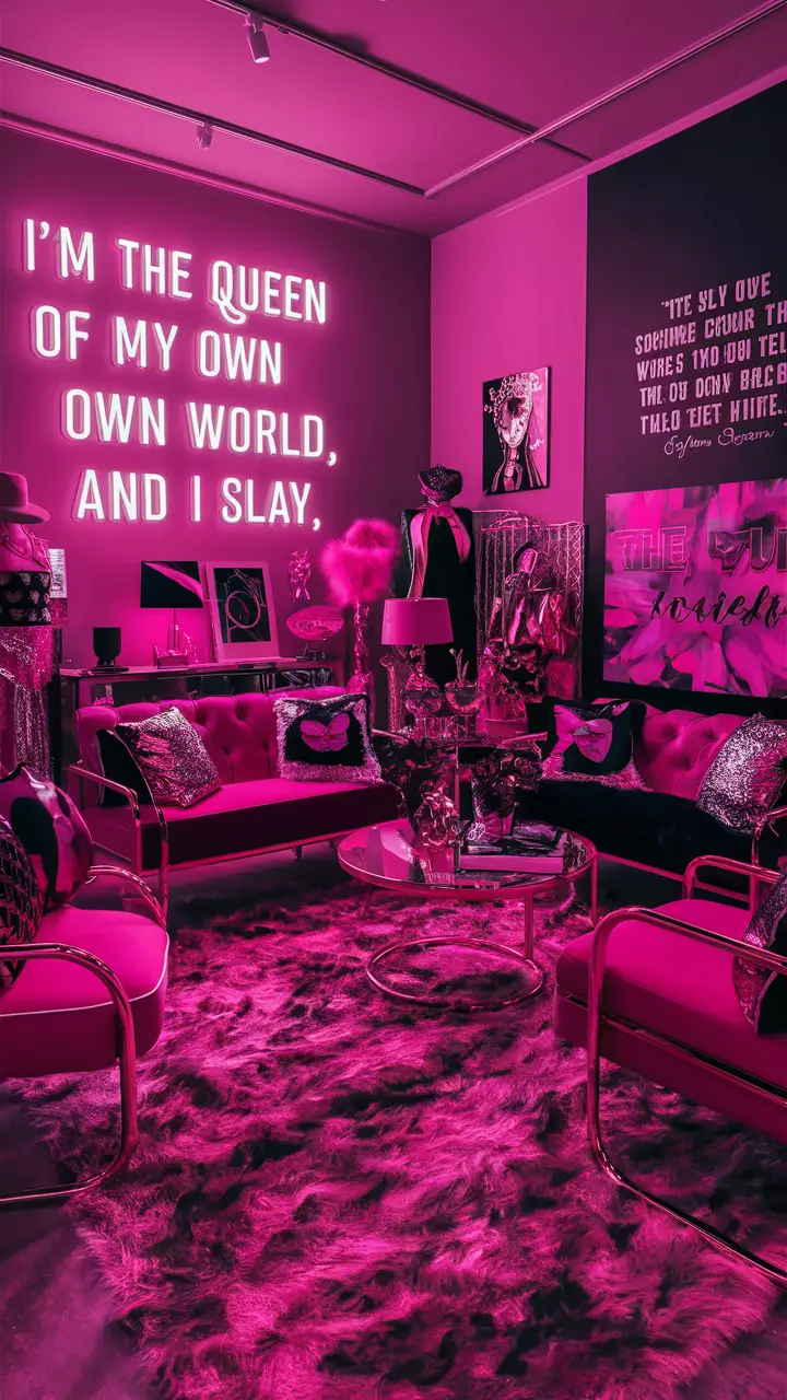 A visually striking Baddie living room with oversized artwork, modern and sleek furniture with metallic gold accents, a plush faux fur rug, a vibrant color scheme of hot pink, deep black, and neon colors, fashionable prints, edgy artwork, and an empowering wall quote, creating a confident and Instagram-worthy ambiance.