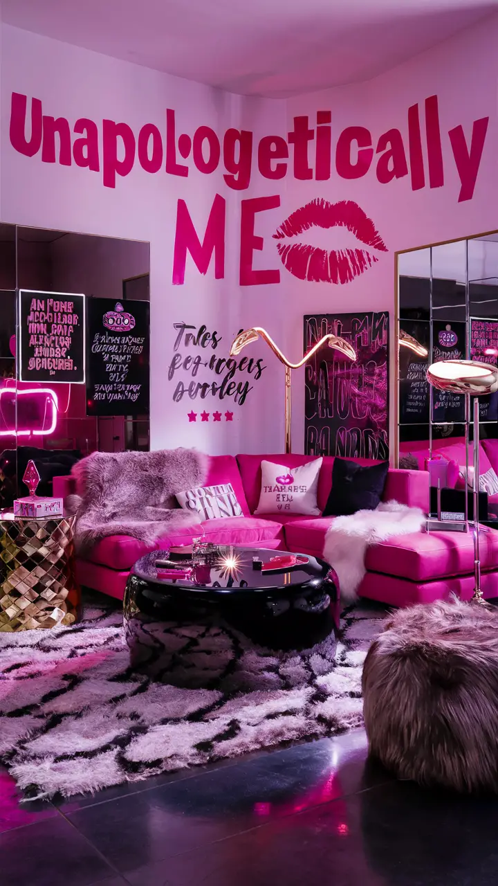 A stunning Baddie living room designed for a teenage girl, featuring a bold color scheme of hot pink and black. The walls are adorned with the phrase "Unapologetically me" in large, bold red letters, accompanied by a red lipstick mark. The room includes modern, sleek furniture, luxurious metallic accents, faux fur throws, trendy items like a fluffy rug and a plush ottoman, and a chrome floor lamp, creating an empowering and Instagram-worthy atmosphere.