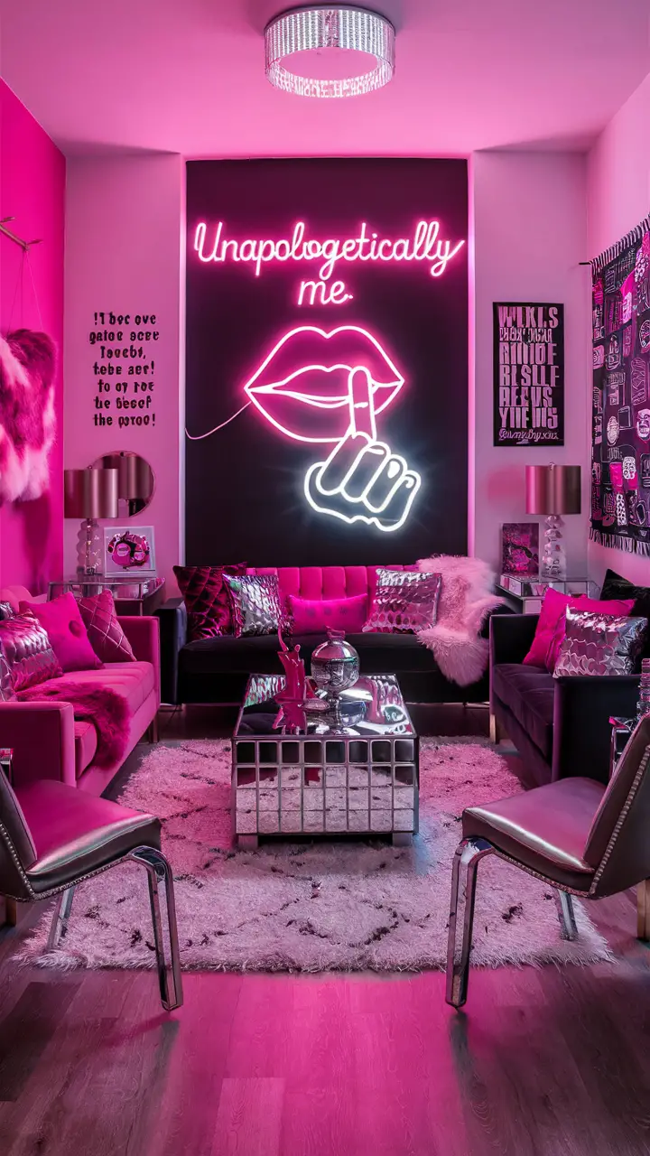 A bold and vibrant Baddie living room designed for a teenage girl, featuring a large neon sign that reads "Unapologetically me" with a bold red lip and a finger over it. The room includes a color scheme of hot pink, deep black, crisp white, and metallic gold accents, modern and sleek furniture, faux fur throws, plush pillows, trendy items like a fluffy rug and a stylish wall tapestry, and inspirational quotes, fashionable prints, and edgy artwork, creating an empowering and Instagram-worthy ambiance.