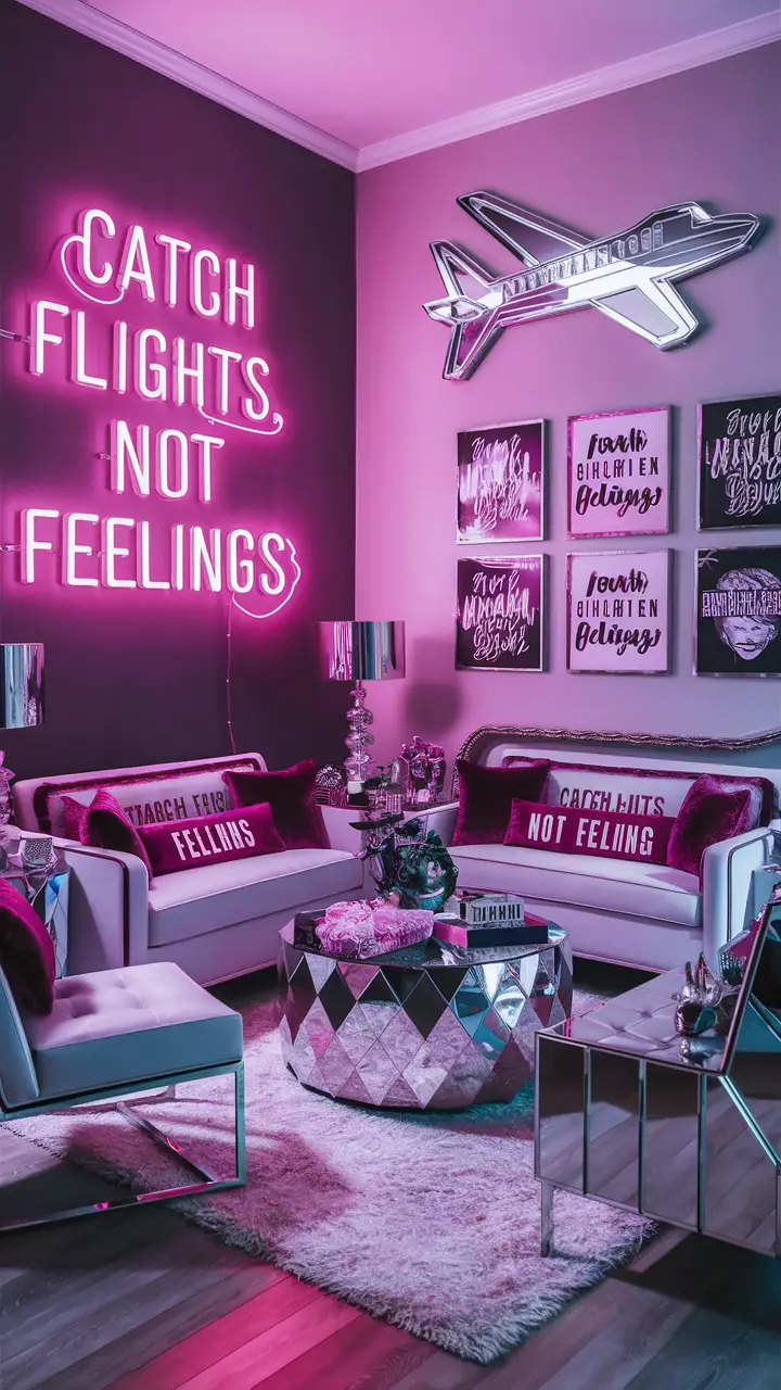 A stylish and bold Baddie living room designed for a teenage girl, featuring a large, eye-catching neon sign that reads "Catch flights, not feelings" in bold letters, modern and sleek furniture with metallic accents and mirrored pieces, trendy accessories, a cozy rug, and fashionable wall art, creating a chic and empowering ambiance.