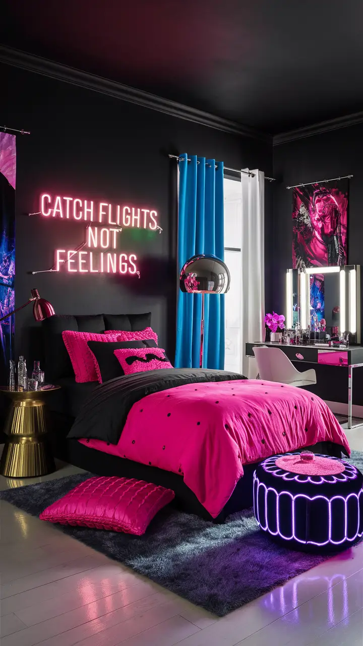 A stylish and edgy teenage girl's bedroom, capturing the essence of "baddie room decor." The room features deep black walls, a striking neon sign that reads "Catch flights, not feelings," a bed dressed in a vibrant hot pink comforter and black sheets, a metallic gold side table, a glossy black floor lamp, bold accent colors like electric blue and bright purple through various accessories, and a modern, sleek dressing table with a large mirror.