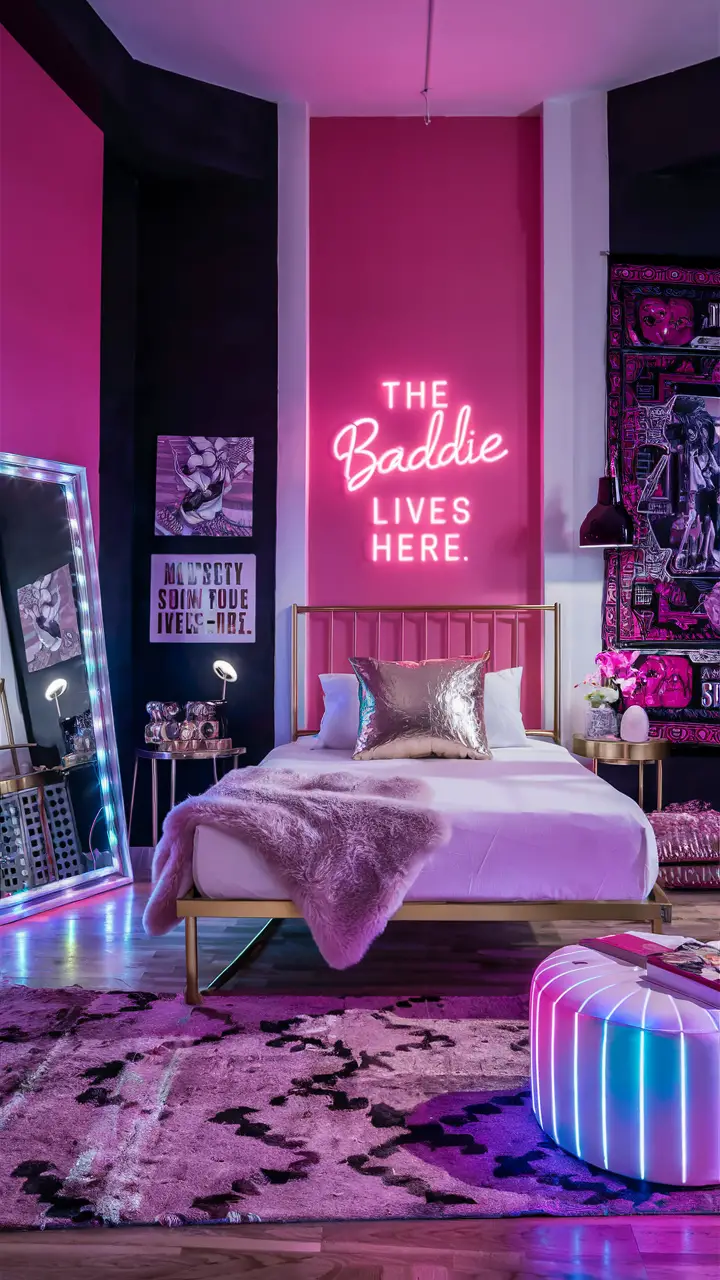 A stunning and eclectic teenage girl's room that embodies the "baddie" aesthetic. The room features vibrant hot pink walls with deep black accents, a sleek, modern bed frame with gold legs and a plush, metallic gold throw pillow, a neon pink sign reading "The Baddie Lives Here," a trendy wall tapestry and fashionable prints, a cozy faux fur throw blanket, a plush, neon-lit ottoman, and a large mirror reflecting the room's bold colors and furniture.