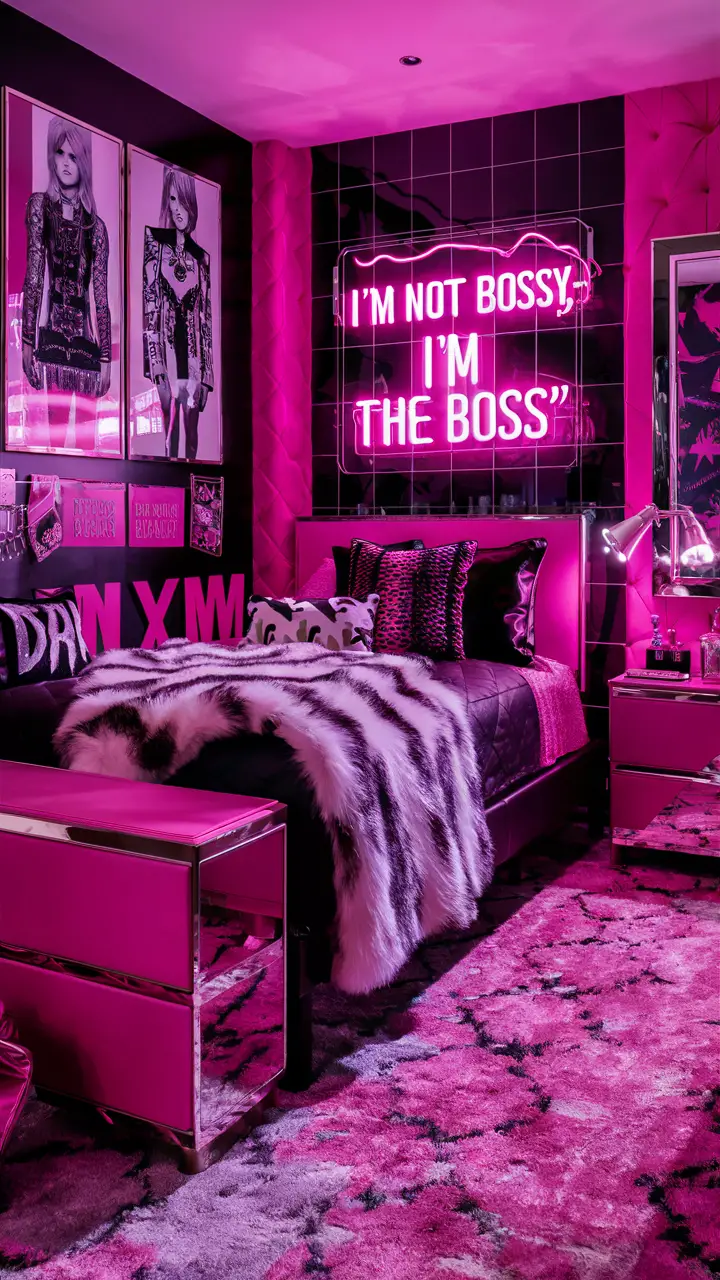A bold and vibrant teenage girl's bedroom, reflecting the baddie aesthetic. The room features walls adorned with a striking hot pink and black color scheme, fashionable prints, and edgy artwork. The furniture is modern and sleek, with metallic accents and a glossy finish. A plush, faux fur throw is draped over the bed, while a cozy and trendy rug covers the floor.