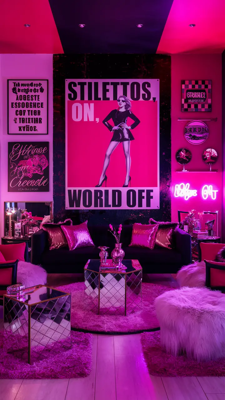 Striking and fashionable living room for the ultimate "baddie" aesthetic, featuring bold colors, a big and bold poster with the words "Stilettos on, world off," modern furniture, and trendy decor.