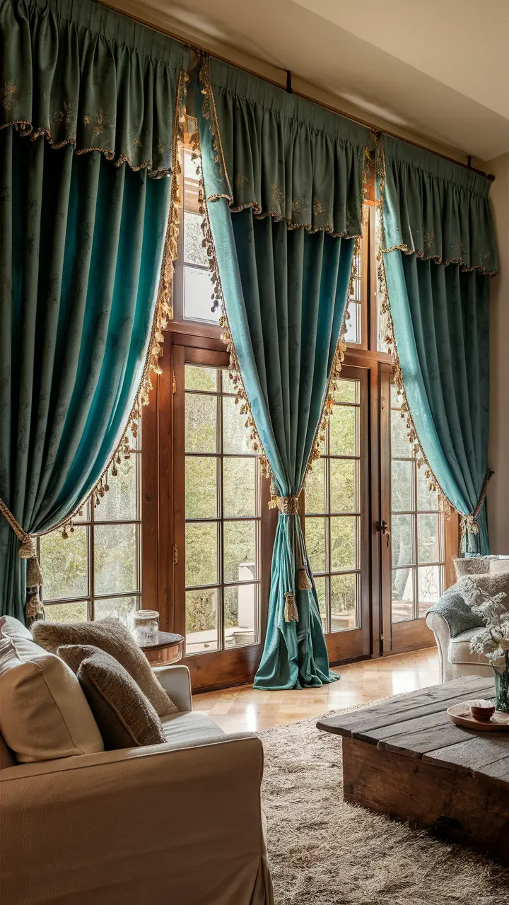 Elegant living room with rich teal curtains and gold embroidery framing large windows.
