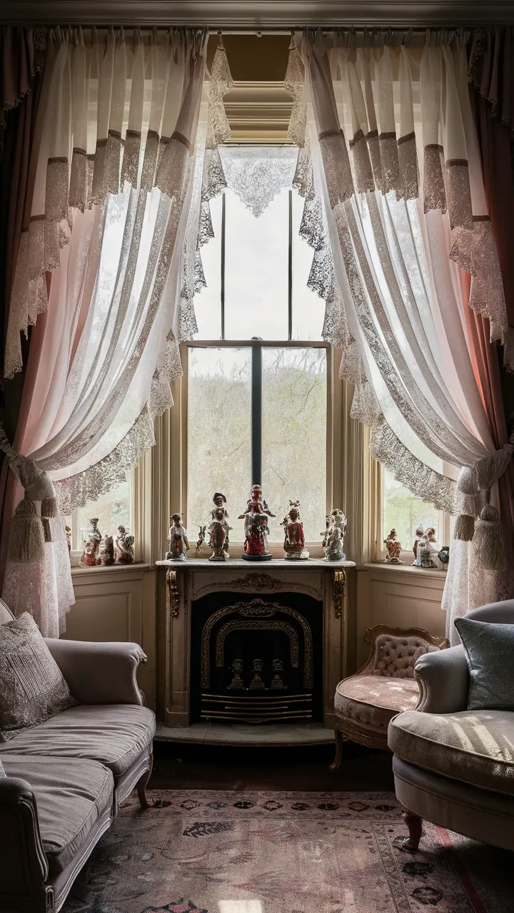 Charming vintage living room with lace curtains, porcelain figurines, and antique furniture.