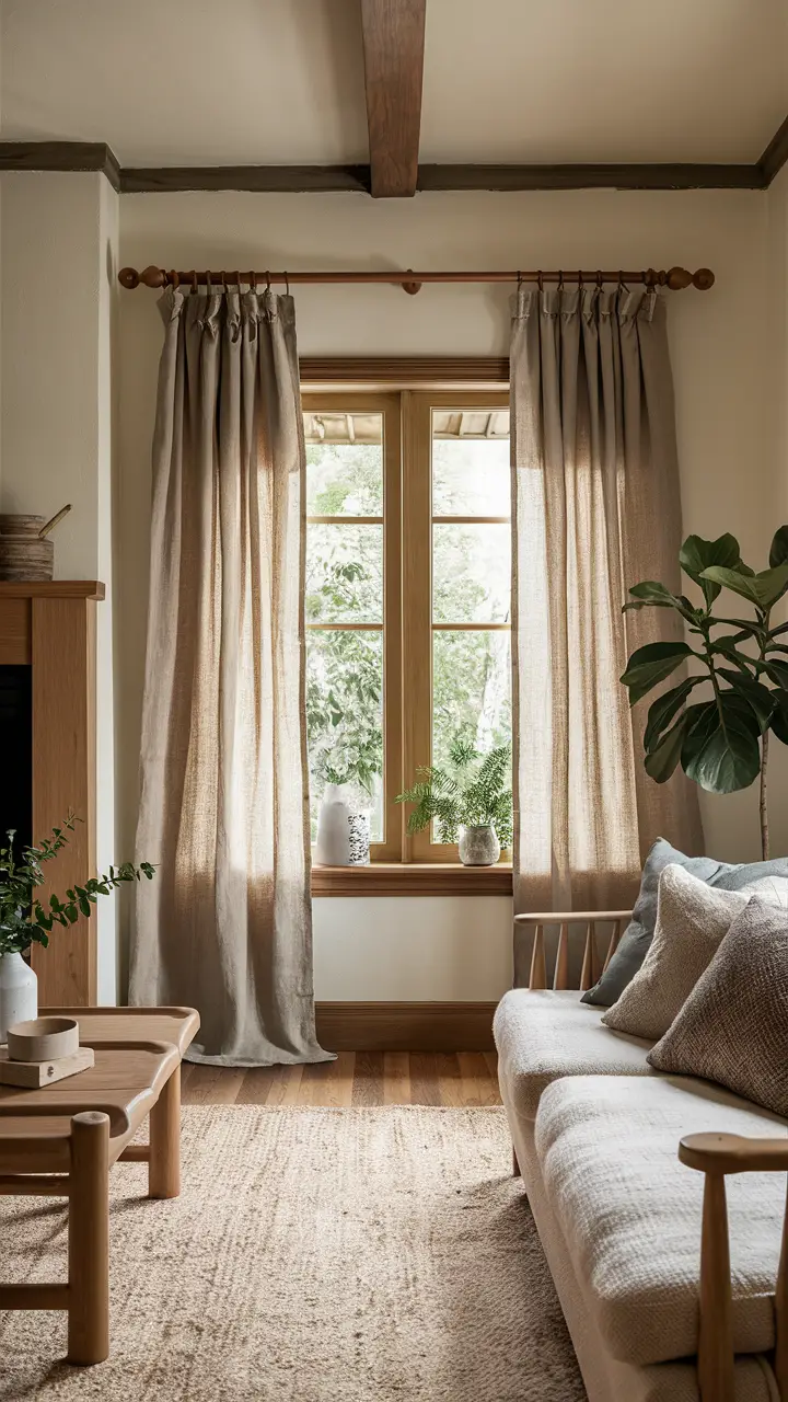 Cozy living room with Japandi-inspired linen curtains, earthy tones, and wooden accents.