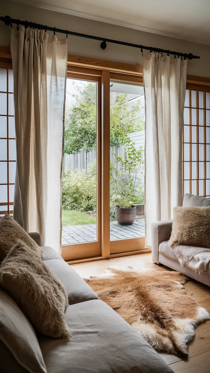 Cozy living room with Japandi-inspired off-white linen curtains and serene garden view.