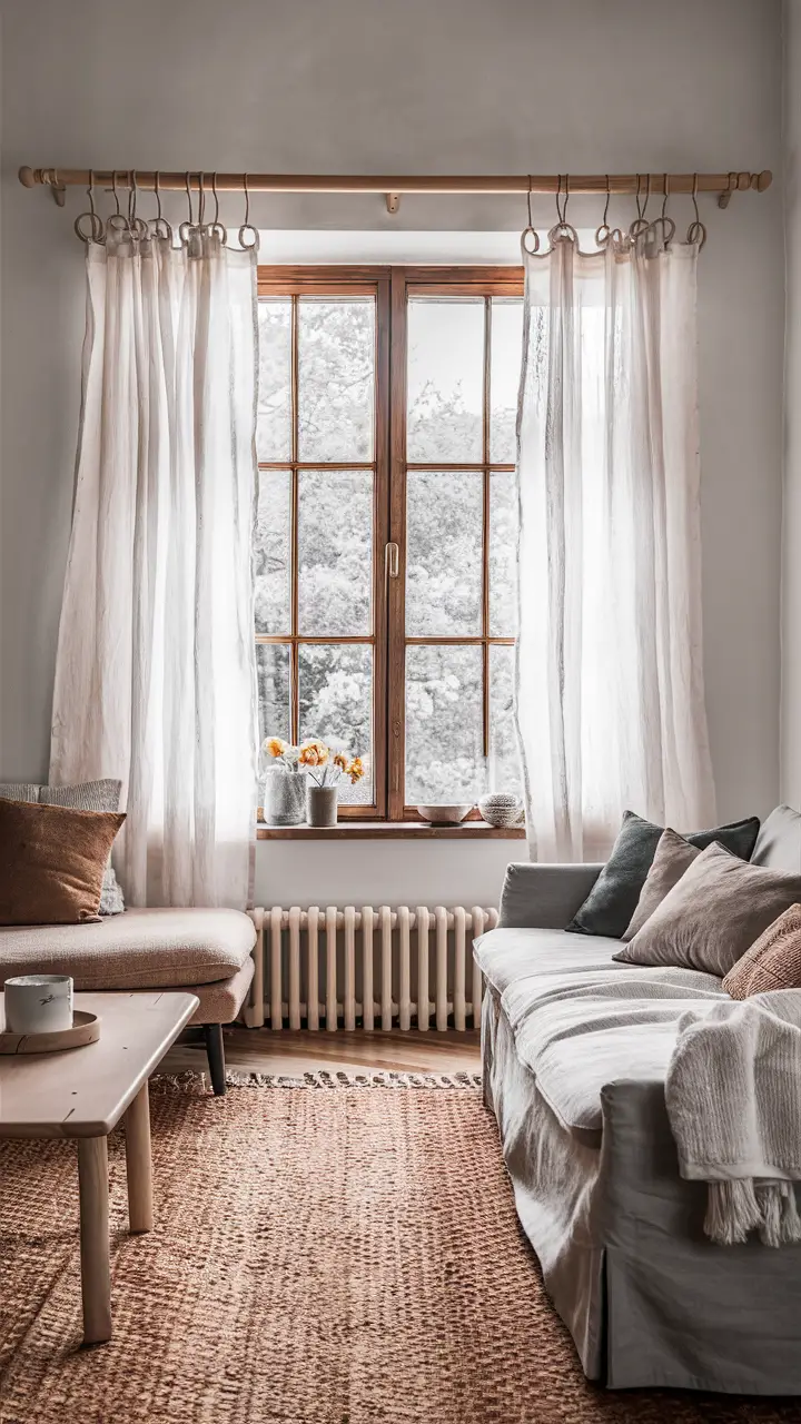 Scandinavian-inspired living room with simple white curtains, a woven rug, and minimalistic furniture.