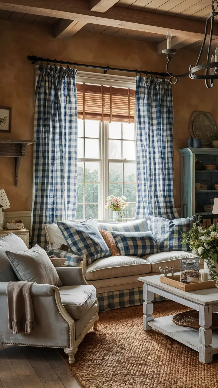 Cozy farmhouse-style living room with blue and white gingham curtains, rustic wooden shutter, and vintage-inspired furniture.
