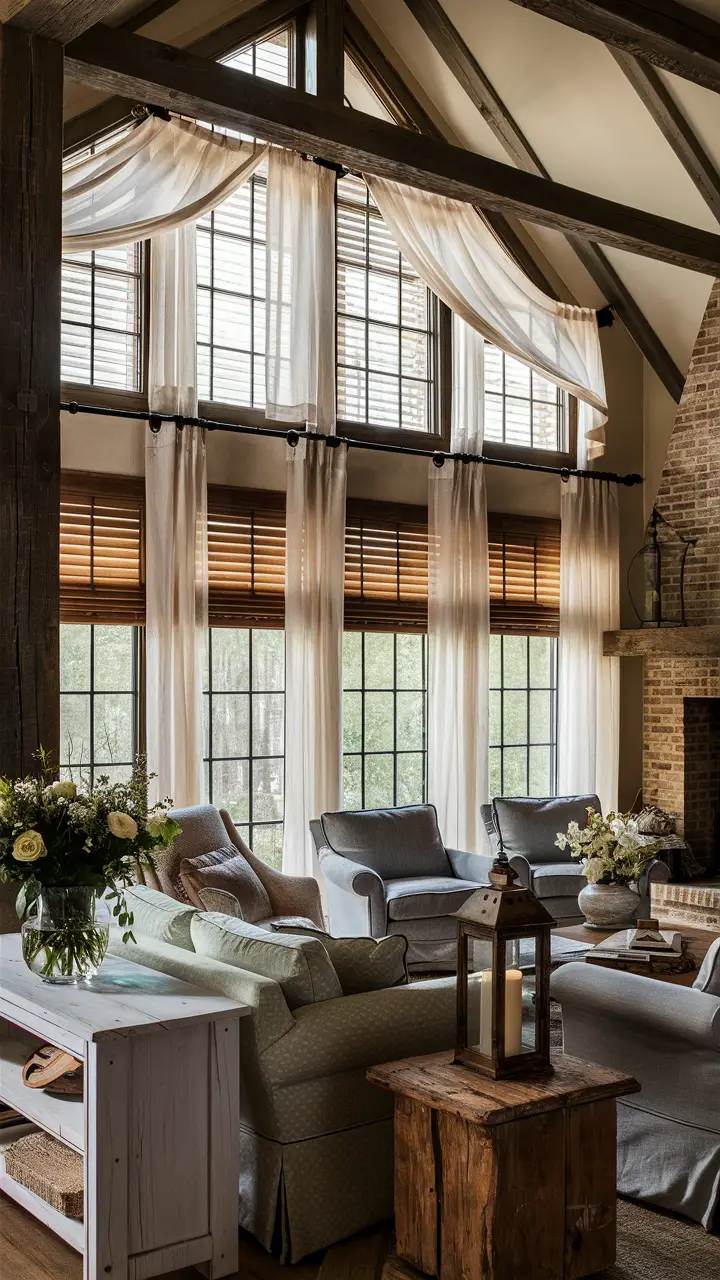Rustic living room with sheer white curtains, wooden blinds, and farmhouse-style decor.