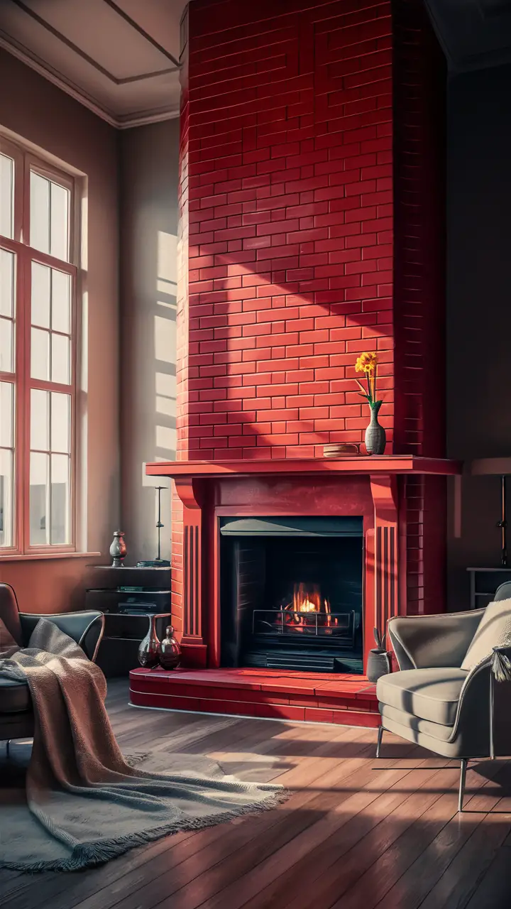 Modern living room with a bold red brick fireplace, minimalist decor, and warm sunlight.