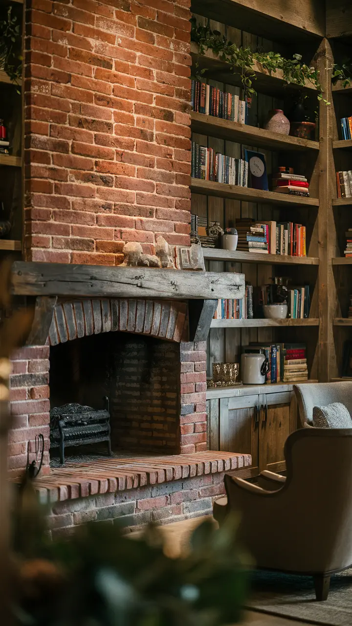 Rustic living room with a red brick fireplace, wooden shelves, and cozy decor.