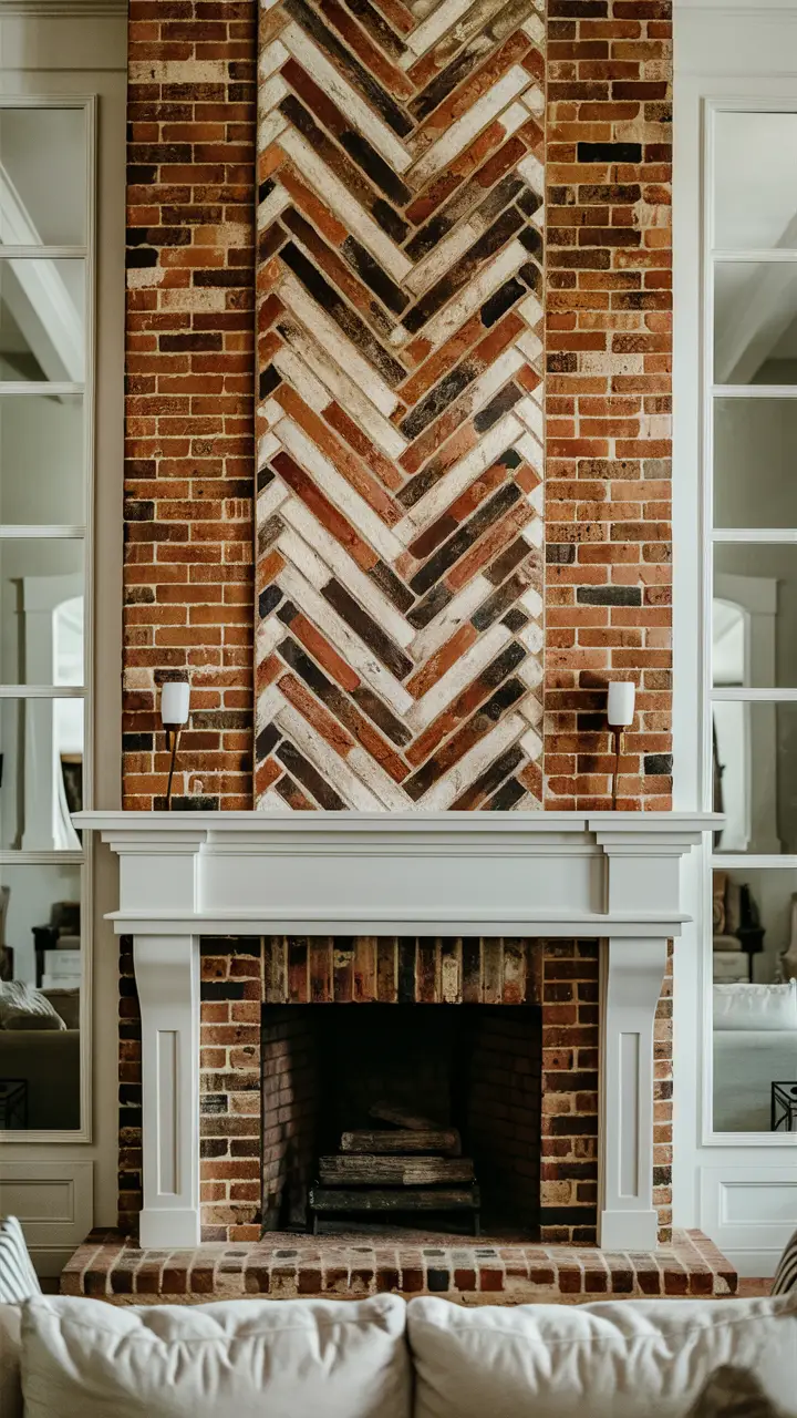 Farmhouse living room with a herringbone brick fireplace, white mantel, and cozy decor.