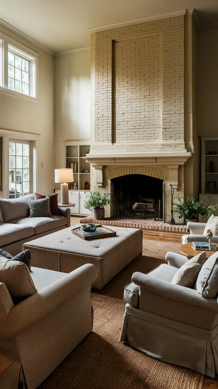 Cozy living room with a beige brick fireplace, a mix of modern and traditional furniture, and inviting decor.