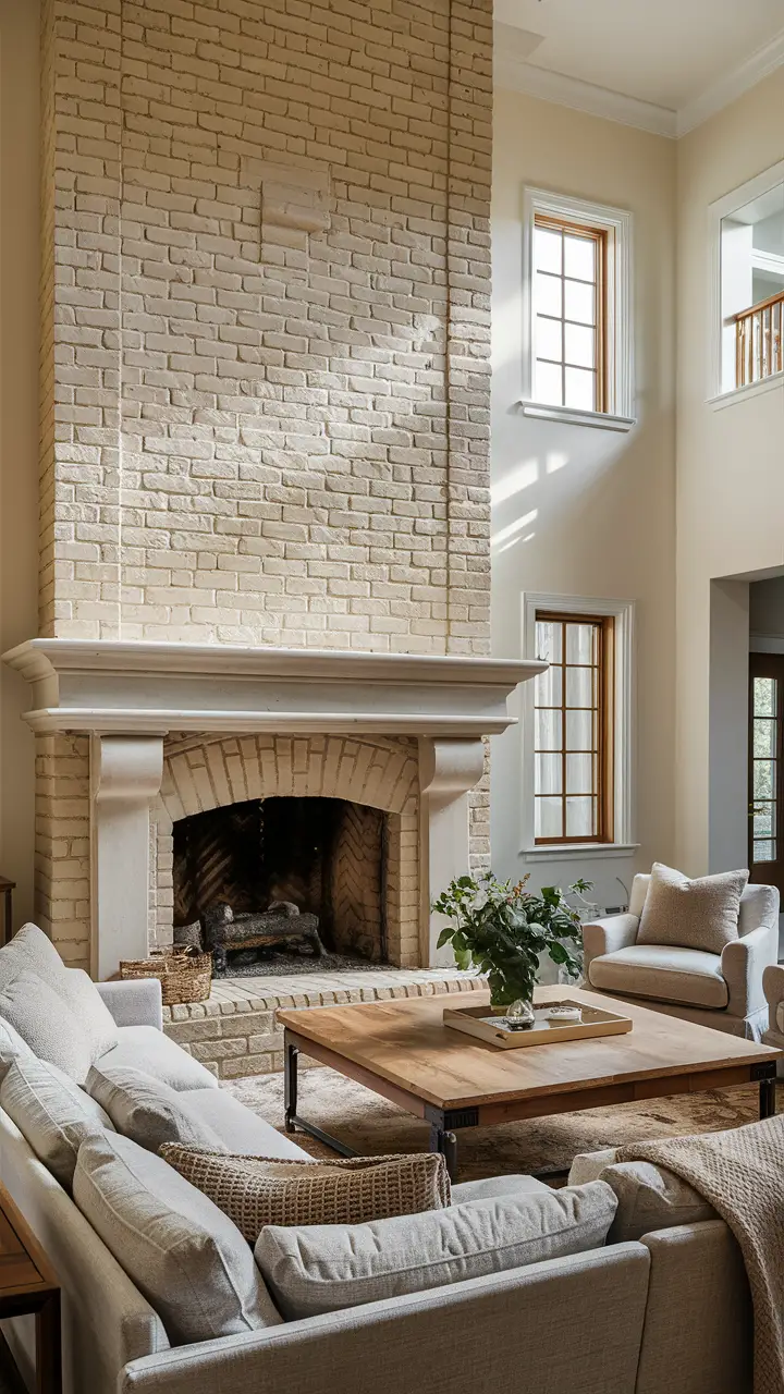 Living room with a beige brick fireplace, cozy furniture, and a blend of modern and traditional decor.