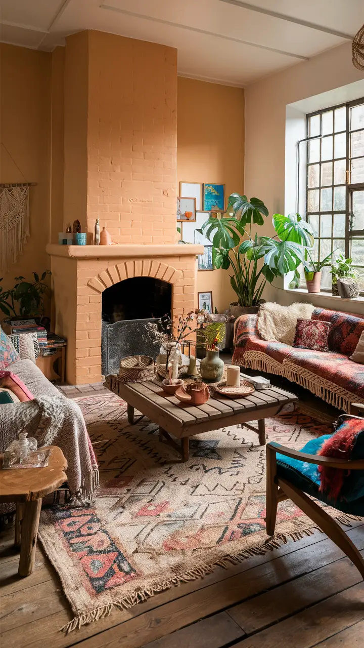 Boho living room with a light orange brick fireplace, patterned sofa, and eclectic decor.