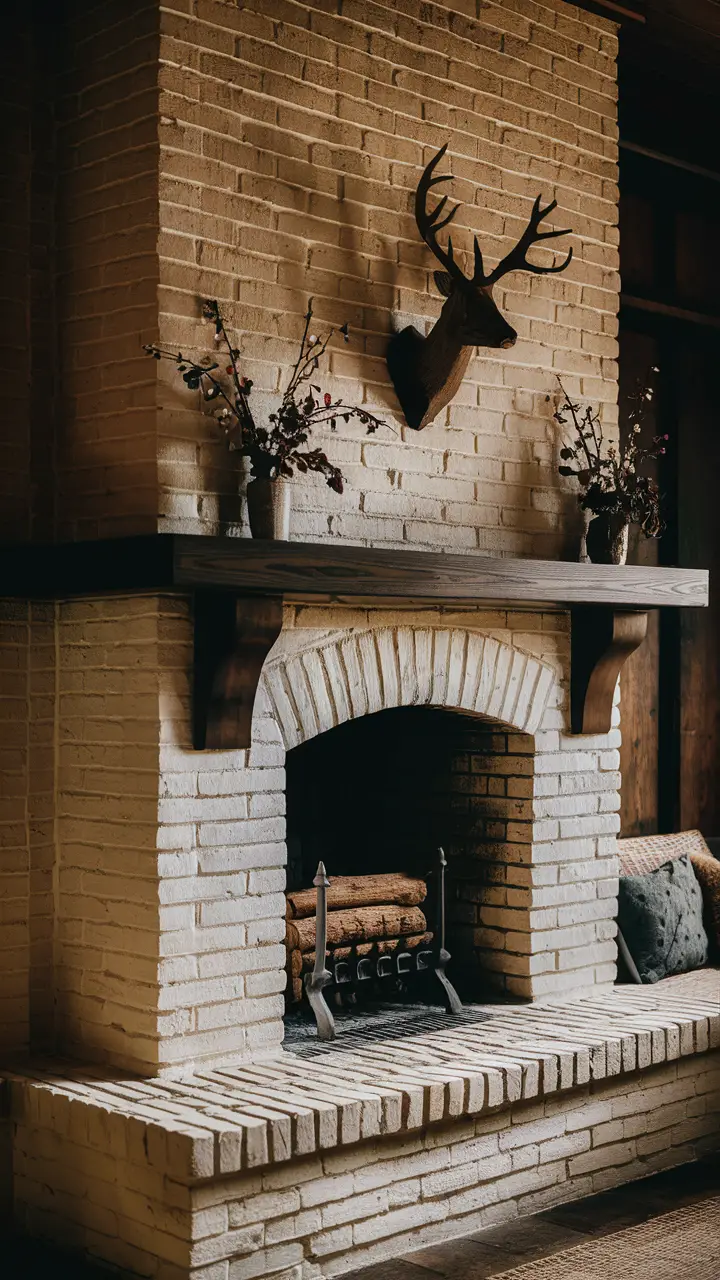 Warm and inviting fireplace with cream-colored bricks, dark wood mantel, and rustic decor.