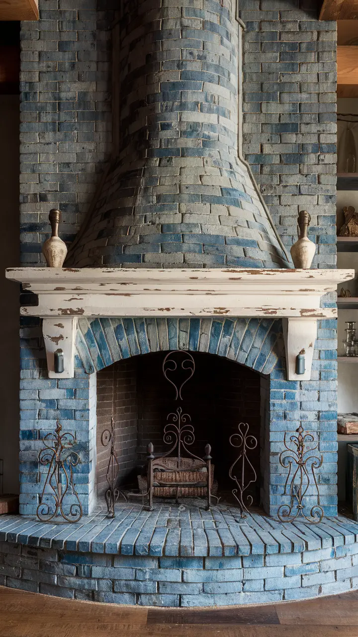 Refined brick fireplace with blue-gray bricks, distressed white mantel, and rustic wrought iron accessories.
