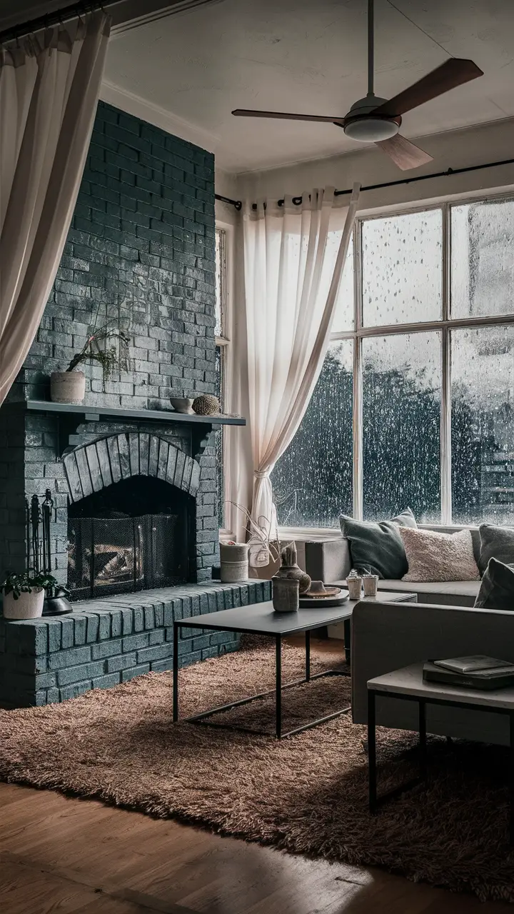 Cozy living room with a painted brick fireplace, comfortable furnishings, and elegant white curtains.