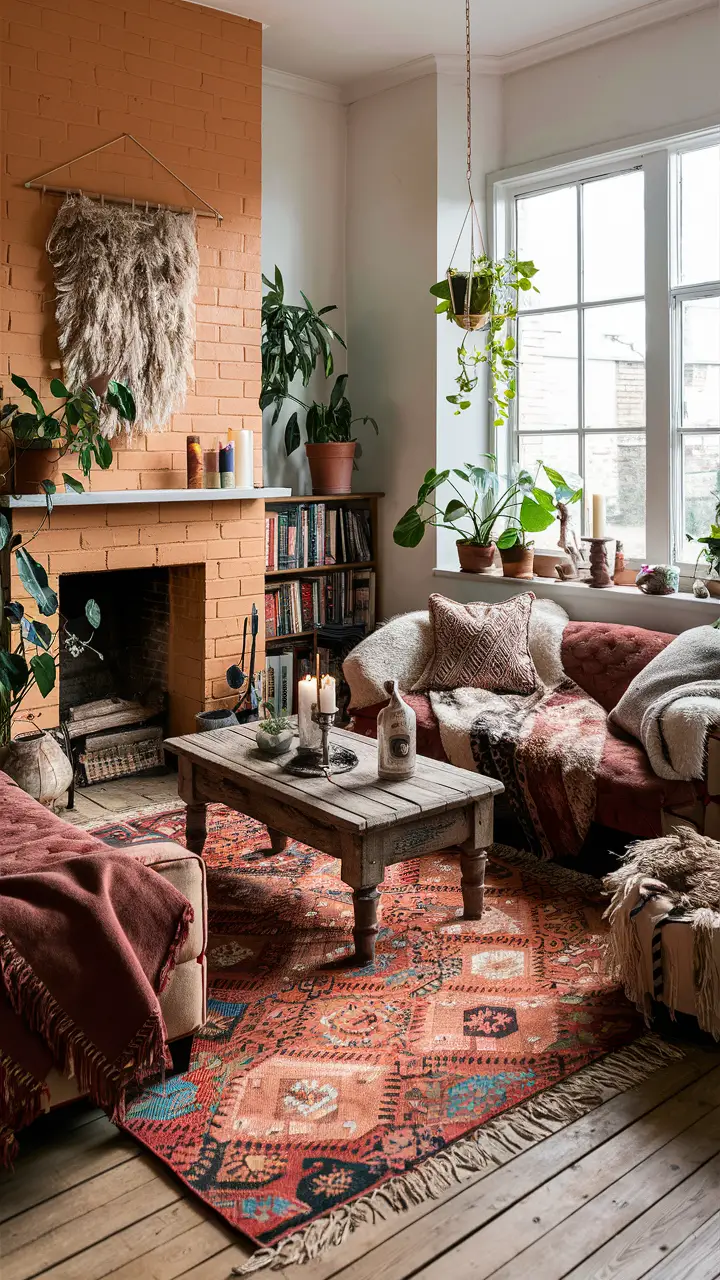 Boho living room with a light orange brick fireplace, eclectic furniture, and natural light.