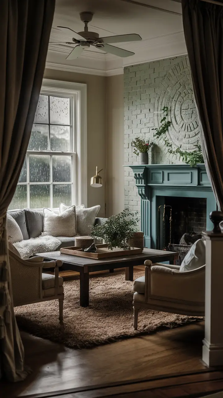 Cozy living room with a painted brick fireplace, comfortable furnishings, and a rainy day view outside.