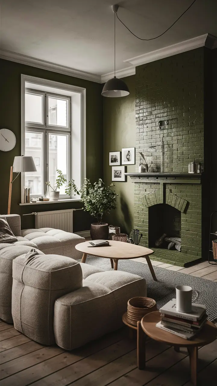 Cozy Scandinavian-style living room with an olive green fireplace, light-colored furniture, and minimalist decor.