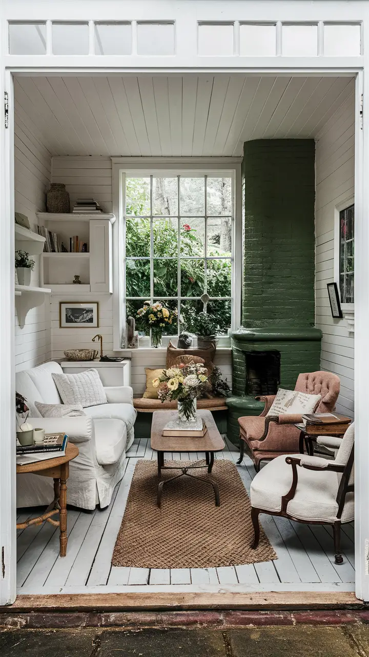 Cozy living room with a green fireplace, plush white sofa, wooden coffee table, and vintage armchair, illuminated by natural light from a large window.






