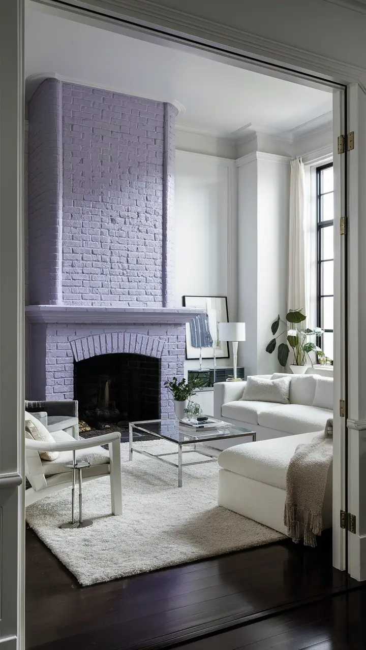 Modern living room with lavender fireplace, plush white sofa, glass coffee table, accent chairs, and tasteful art pieces, illuminated by natural light.