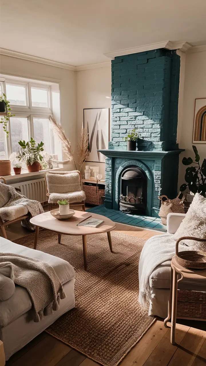 Serene and stylish Japandi-inspired living room with azure-colored fireplace, plush sofa, wooden coffee table, reading chairs, potted plants, woven baskets, and minimalist artwork, flooded with natural light.