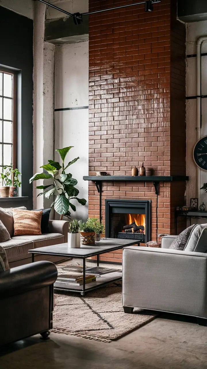 Modern living room with cinnamon brown fireplace, industrial-style elements, comfortable sofa, sleek coffee table, large armchair, potted plant, patterned rug, wall clock, and natural light flooding the room.