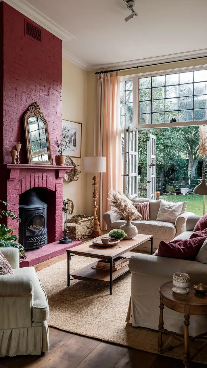 Cozy living room with raspberry red fireplace, comfortable sofa, wooden coffee table, plush armchair, floor lamp, decorated mirror, and well-placed plants, illuminated by natural light.