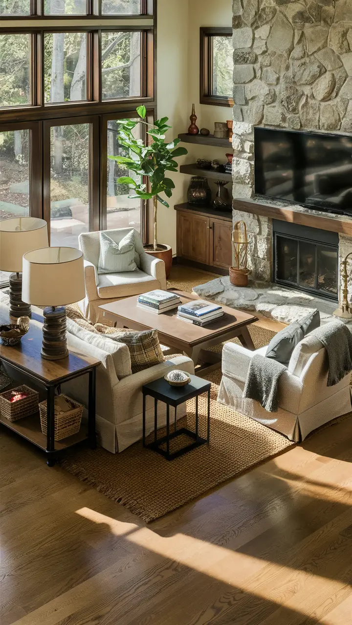 Cozy living room with stone fireplace, comfortable seating, flat-screen TV, wooden coffee table, stack of books, stylish lamp, floor-to-ceiling windows, polished hardwood floors, potted plant, and rustic wooden shelf with decorative accessories.