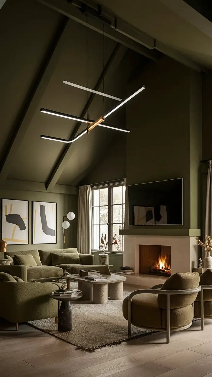 A modern living room in olive green tones with a vaulted ceiling, cozy fireplace, flat-screen TV, plush sofa, contemporary armchairs, abstract art pieces, unique ottoman, sleek coffee table, floor-to-ceiling window, and a minimalist light fixture.