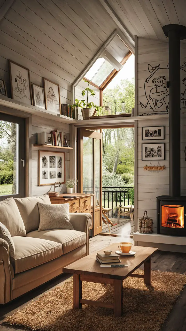 A cozy and charming living room inside a tiny home. The room features a plush beige sofa, a wooden coffee table with a few books and a steaming cup of tea, and a warm, glowing fireplace. The walls are adorned with hand-drawn artwork and framed family photos that add a personal touch. A large, bright window lets in an abundance of natural light, with a small balcony overlooking a peaceful garden.