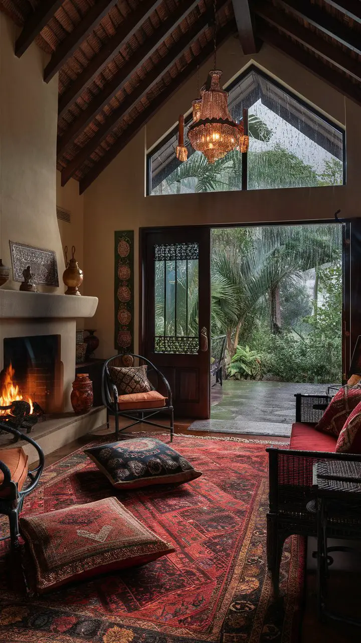 A traditional living room with a high vaulted ceiling, inviting fireplace, traditional furniture, intricate Indian decor accessories, beautiful chandelier, handmade rugs, traditional cushions, natural light from a large window with views of a lush tropical garden, and a door adorned with traditional designs leading to a serene outdoor patio with the soothing sounds of drizzling rain.