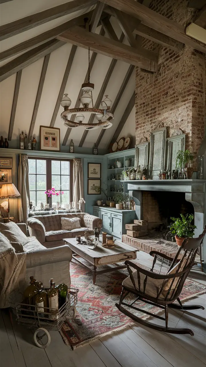 An eclectic shabby chic living room with a high vaulted ceiling, exposed wooden beams, brick fireplace, wooden mantel, plush sofa, antique rocking chair, vintage rolling cart, rustic coffee table, framed vintage prints, glass bottles, potted plants, vintage chandelier, and natural light from a large window.