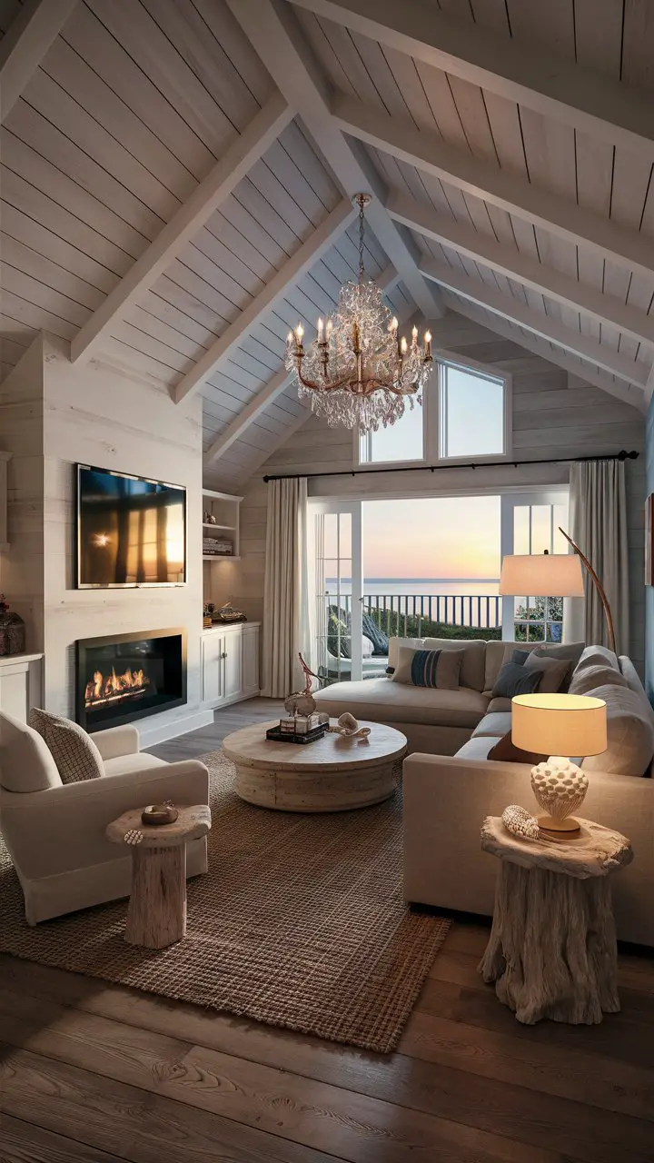 A coastal-inspired living room with a vaulted ceiling, modern fireplace, flat-screen TV, L-shaped sofa, round coffee table, plush armchair, nautical decor accessories, seashell-shaped lamp, driftwood-inspired side tables, beautiful chandelier, and a serene coastal view with the sun setting over the ocean.