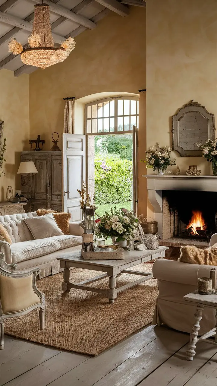A French country living room with a high vaulted ceiling, rustic furniture, plush sofa, antique wooden coffee table, vintage mirrors, floral arrangements, beautiful chandelier, and a charming garden view from a large window.