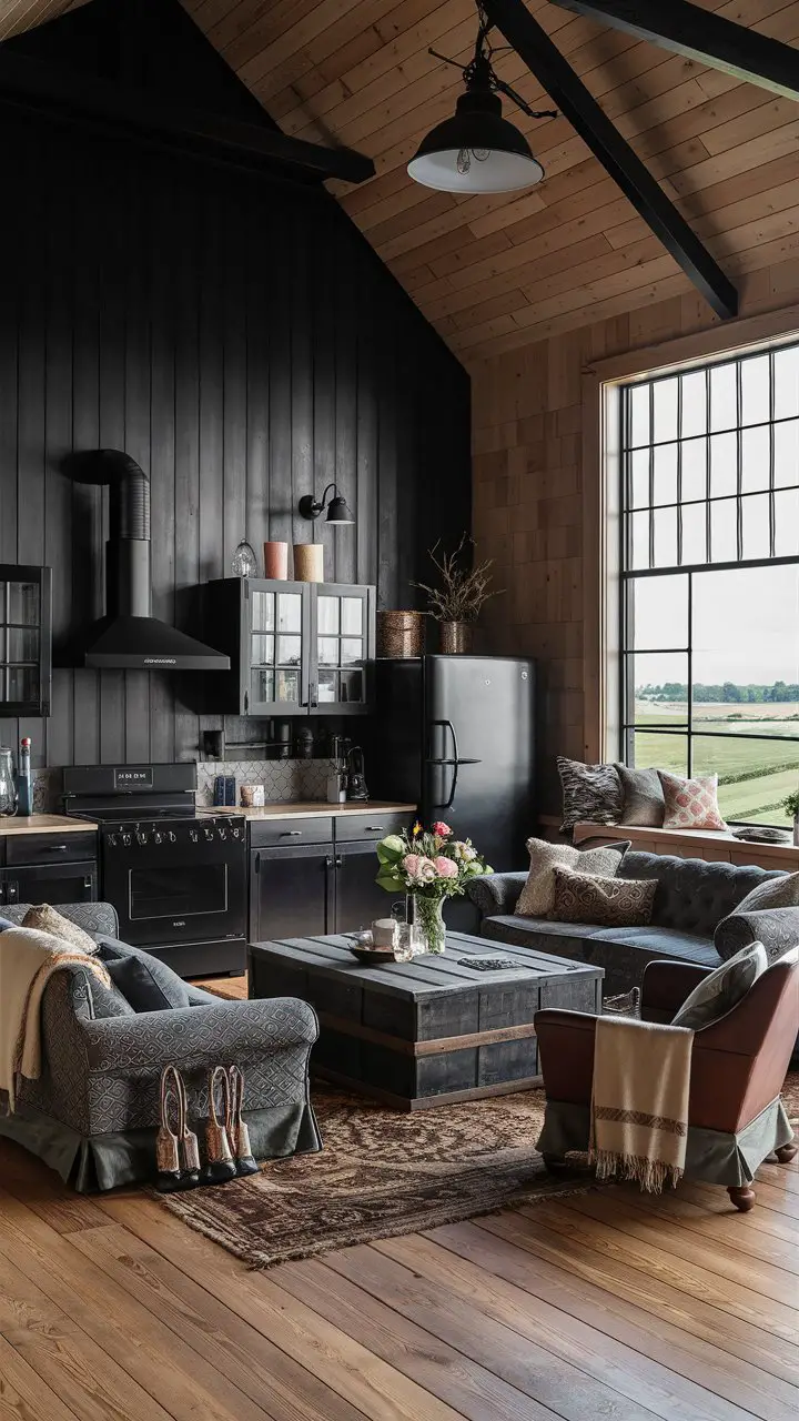 A cozy and stylish farmhouse living room featuring a striking black wall, furniture, appliances, light fixtures, and relevant decor accessories. The black wall sets the tone for the room, creating a bold contrast with the warm wooden flooring. The furniture includes a plush, patterned sofa and a large, rustic coffee table. A sleek black stove and refrigerator are integrated into the space, along with a modern, industrial-style light fixture. The room is accentuated with decorative pillows, a throw blanket, and a vase of fresh flowers, creating a welcoming and inviting atmosphere. A large window fills the room with natural light, framing a picturesque view of the surrounding farmland., photo