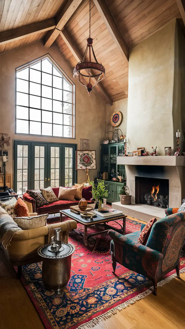 A cozy, eclectic living room with a high vaulted ceiling, bohemian-style furniture, large inviting fireplace, colorful armchairs, Persian rug, patterned pillows, and a vintage-style chandelier.