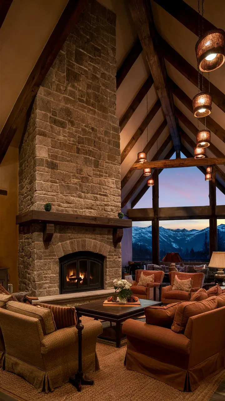 An inviting living room with a vaulted ceiling, grand stone fireplace, warm earth-tone furnishings, exposed wooden beams, and a large window with a view of snow-capped mountains and a setting sun.